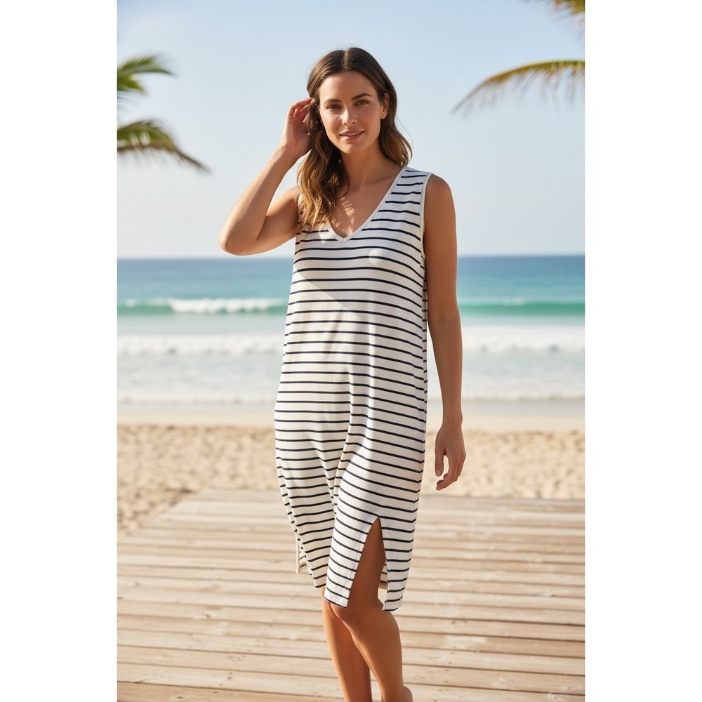 UNIVERSAL STANDARD Navy Stripe Sleeveless V Neck Side Slit Mini Dress‎ 4XS (XS)